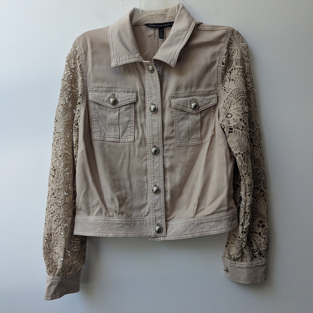 White House Black Market Jacket Tan Floral Open Lace Sleeve Button Up 10 Boho